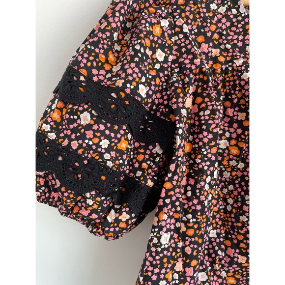 Oliver Bonas Floral Print Broderie Sleeve Black Cotton Blouse | size 6 - Picture 4 of 5
